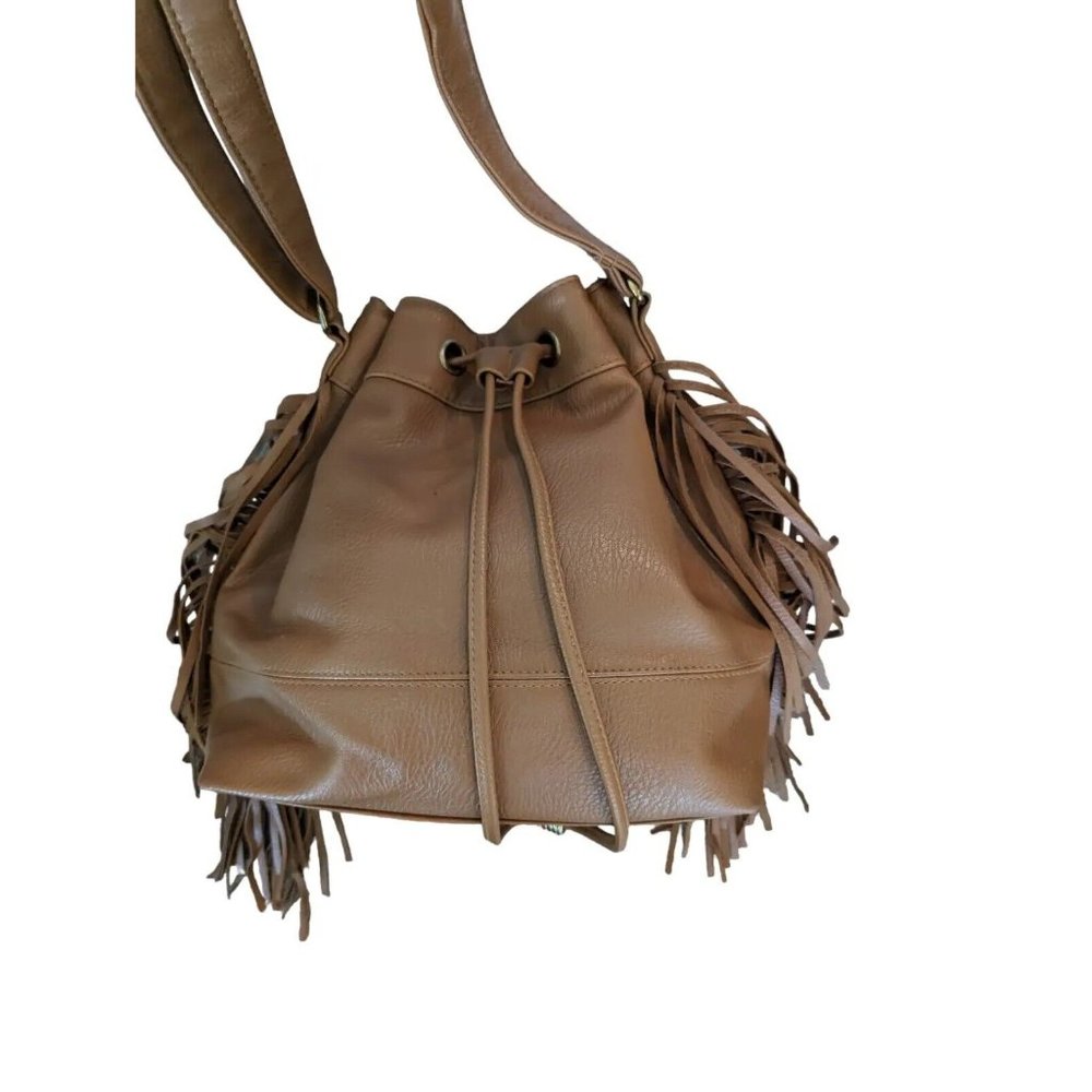 Aeropostale Cognac Brown Faux Leather Bucket Crossbody Fringed Bag - Picture 8 of 12